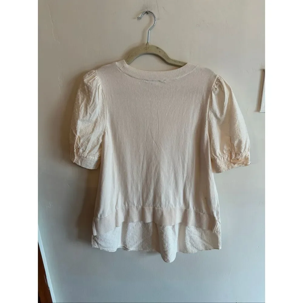Loft Ivory Puff Sleeve Blouse Size Medium Polka Dot Texture Scoop Neck